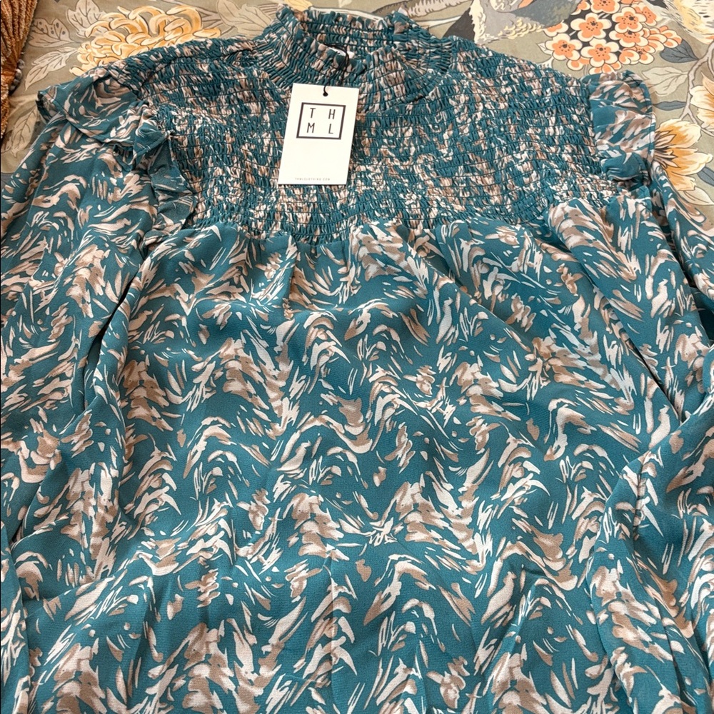 THML Teal and Cream Smocked Blouse